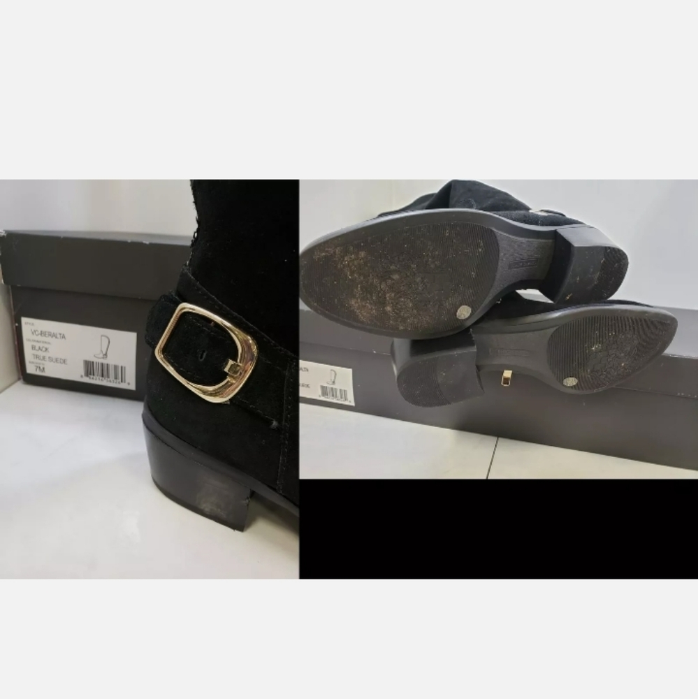 Vince Camuto equestrian Black suede knee high Riding Boots Shoes gold buckle - Picture 6 of 7